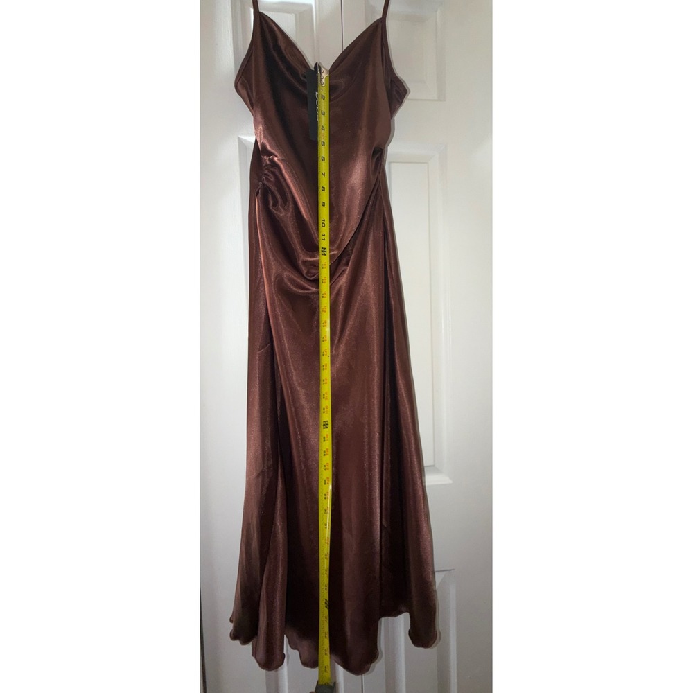 Bebe Women Brown Satin Cowl Neck Ruched Midi Dress - Picture 4 of 8